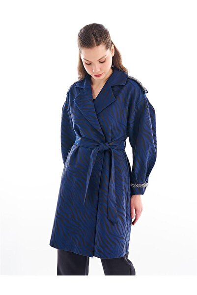 Kayra Navy Blue Trench Coat - Animal Print Pattern and Stone Embroidery