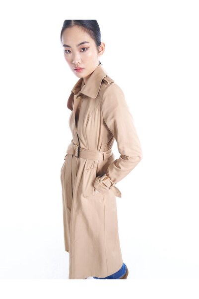 Kayra Beige Belted Top Coat - Epaulet Detailed