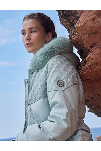 Kayra Faux Fur Fabric Garnished Goose Feather Coat Mint