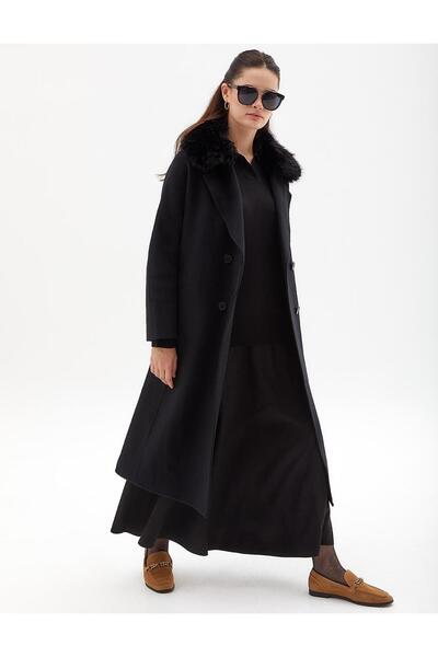 Kayra Premium Yün Kürklü Kruvaze Düğmeli Kaban Siyah