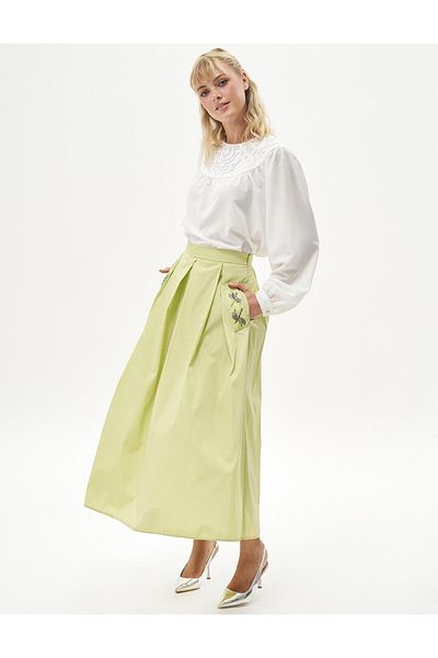 Kayra Pistachio Green Pleated Bead Embroidered Skirt