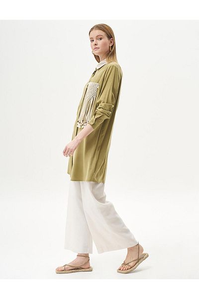 Kayra Khaki Color Macrame Detailed Natural Fabric Tunic