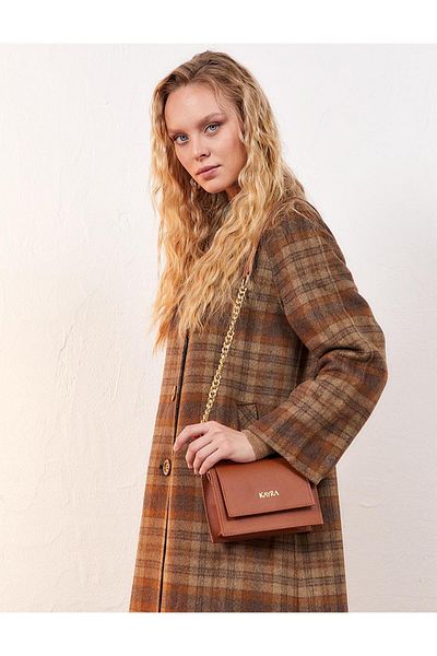 Kayra Premium μάλλινο καρό παλτό με φαρδύ γιακά Camel