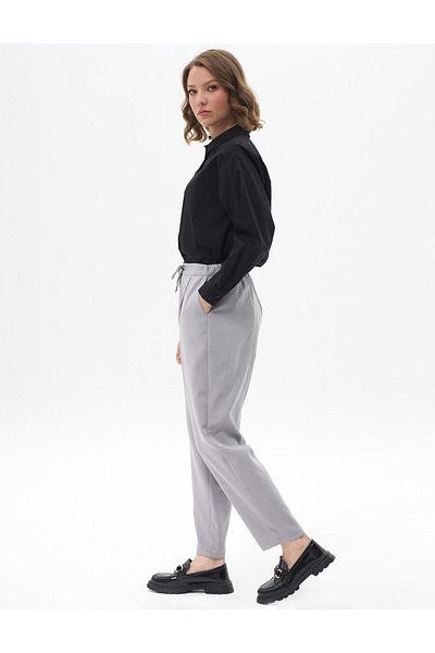 Kayra Gray Pleated Carrot Trousers - Elastic Waist
