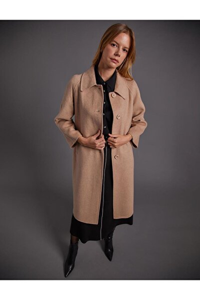 Kayra Premium μάλλινο παλτό με φαρδύ γιακά μπεζ