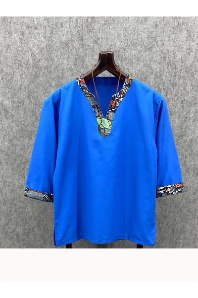 FıttingRoom Oversize Fakir Kol Bohem Mavi   Dokuma Tshirt