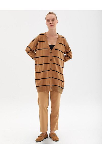Kayra Beige Black Striped Knitwear Cardigan