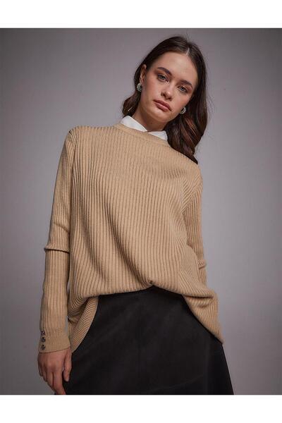 Kayra Crew Neck Corded Knitwear Blouse Stone