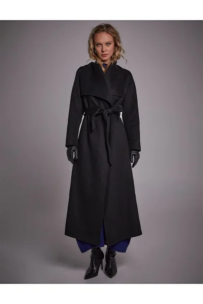 Kayra Premium Wool Wide Flap Stamp Coat Black