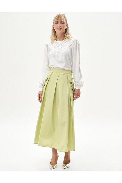 Kayra Pistachio Green Pleated Bead Embroidered Skirt