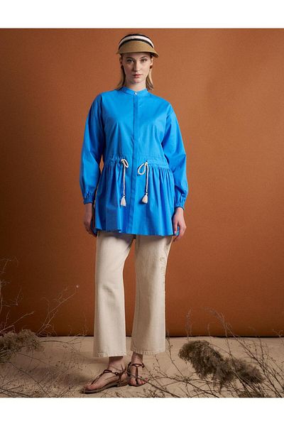 Kayra Φούντα Judge Collar Cotton Tunic Sky Blue