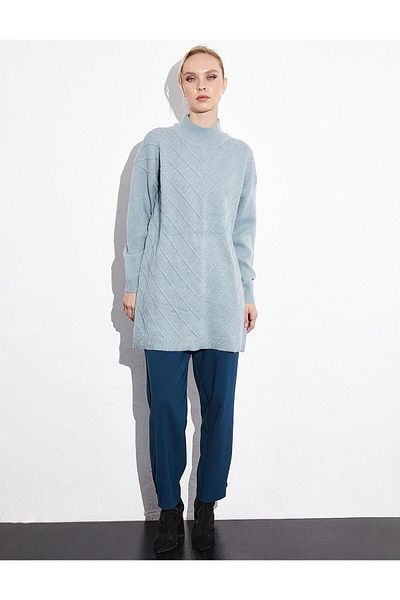 Kayra Exclusive Turtleneck Textured Knitwear Tunic Moss Green