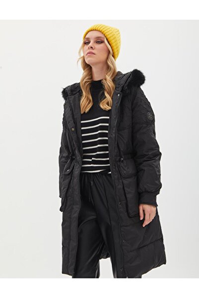 Kayra Faux Fur Fabric Garnished Goose Feather Coat Black