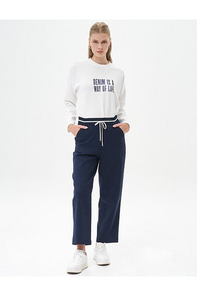 Kayra Dark Navy Blue Lace-Up Elastic Waist Trousers