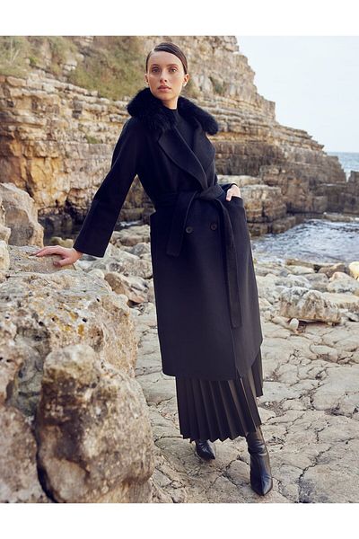 Kayra BlacK Premium Wool FurrY Double Breasted Coat - Buttoned