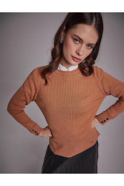 Kayra Crew Neck Corded Knitwear Blouse Salmon
