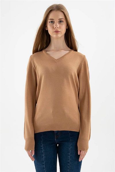 Fashion Friends Пуловер с V-образно деколте в цвят камила