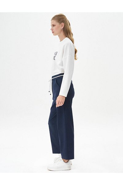Kayra Dark Navy Blue Lace-Up Elastic Waist Trousers