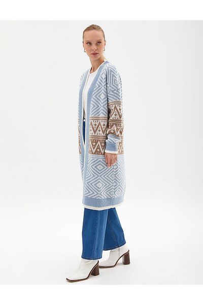 Kayra Exclusive Ethnic Patterned Knitwear Cardigan Blue