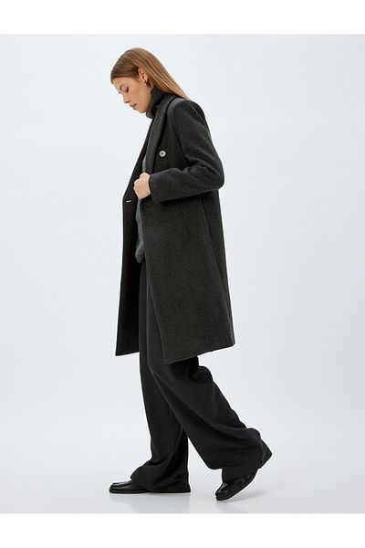 Koton Double Breasted Long Stamp Coat with Hidden Pockets