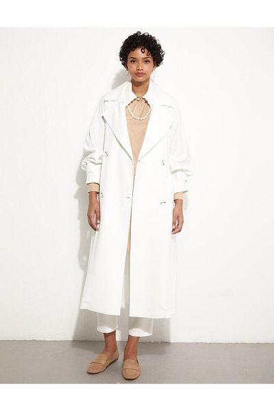 Kayra White Double-breasted Trench Coat - Belted