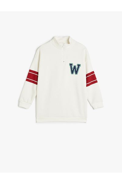 Koton Cotton Raised Long Sleeve Sweatshirt - Stand Collar, Half Zipper, Print Detail
