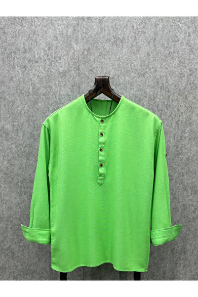 FıttingRoom Oversize Bisiklet Yaka Kolları Apoletli Pamuk Keten Yeşil Gömlek