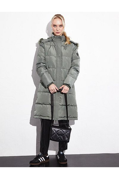 Kayra Quilted Stand Collar Hooded Fur Coat Mold Green