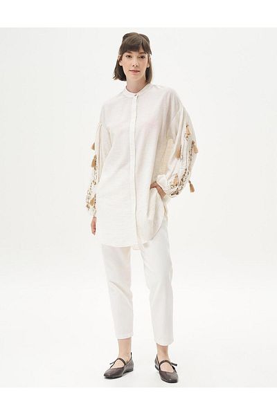 Kayra Cream Colored Embroidered Judge Collar Tunic
