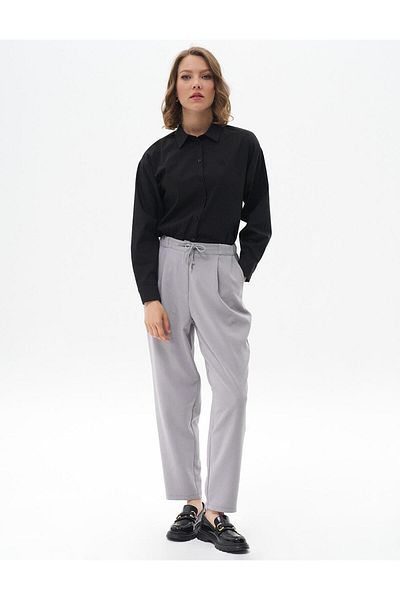 Kayra Gray Pleated Carrot Trousers - Elastic Waist