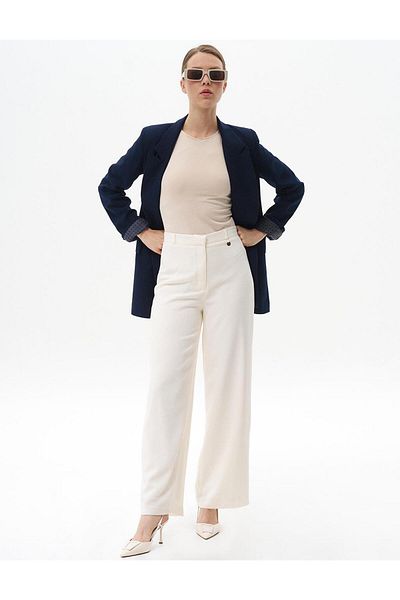 Kayra Ecru Wide Leg Basic Crepe Trousers