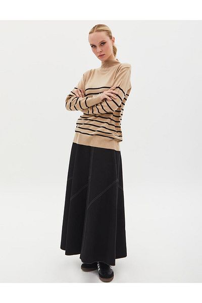 Kayra White Striped Turtleneck Knitwear Sweater - Stone Optic