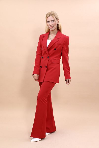 ÖNDER ÖZSOY Blazer Jacket & Flared Leg Trousers Set-red
