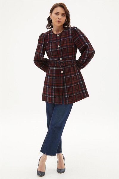 Kayra Dark Navy Plaid Balloon Sleeve Jacket