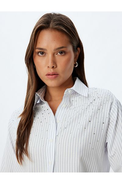 Koton Poplin Stone Detailed - Long Sleeve Classic Collar Shirt