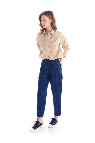 Kayra Navy Blue Jewelled Elastic Waist Trousers