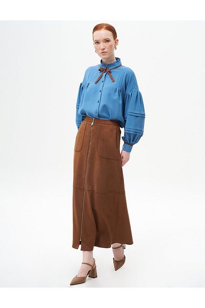Kayra Brown Suede Skirt - Sewing Detail and Zipper Closure
