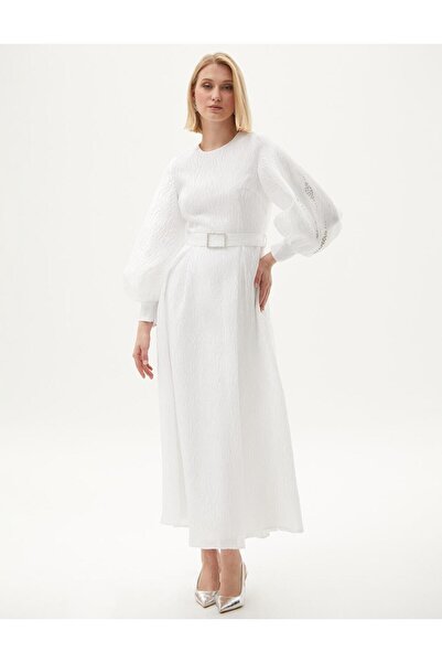 Kayra Jakarlı Balon Kol Elbise Optik Beyaz