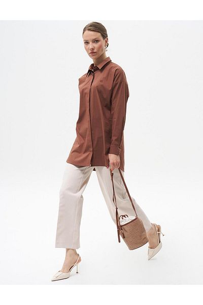Kayra Dark Brown Colored Basic Poplin Shirt Collar Tunic