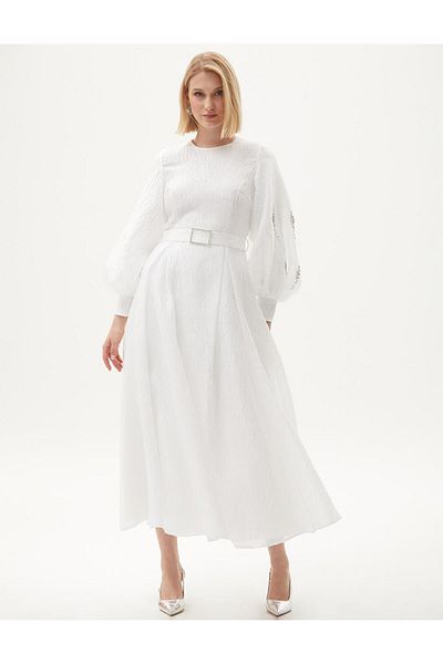 Kayra Optical White Jacquard Balloon Sleeve Dress