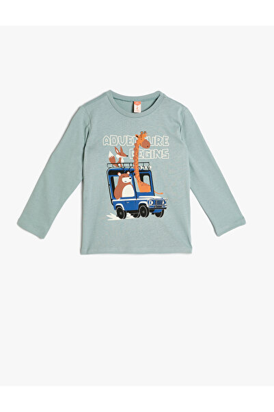 Koton Tişört Uzun Kollu Bisiklet Yaka Hayvanlar Baskılı Pamuklu