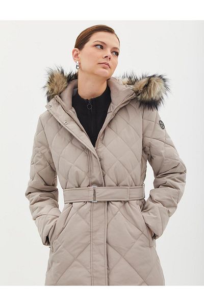 Kayra Stone Colored Diamond Patterned Faux Fur Goose down Coat