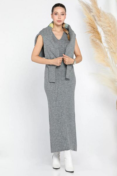 GÜLSELİ Gray Women's Half Turtleneck Embroidered Knitwear Blouse Dress Double Set