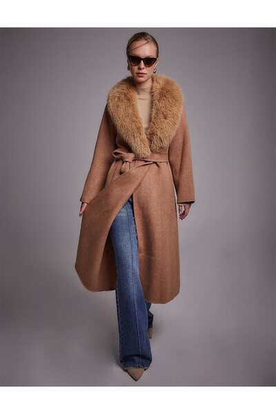 Kayra Premium Alpaca Wool Fish Back Patterned Coat Camel