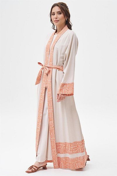 Mood Elite Beige-Orange Linen Kimono Set - Embroidery Detailed