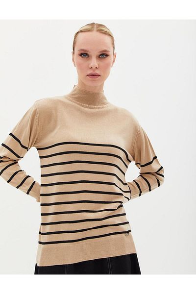 Kayra White Striped Turtleneck Knitwear Sweater - Stone Optic