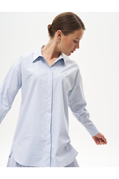 Kayra Gömlek Yaka Basic Poplin Tunik Buz Mavisi