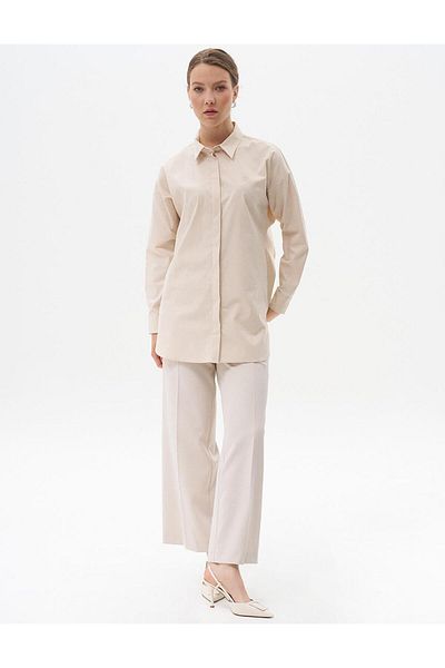 Kayra Cream Colored Basic Poplin Shirt Collar Tunic
