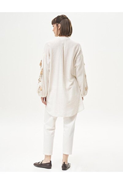 Kayra Cream Colored Embroidered Judge Collar Tunic