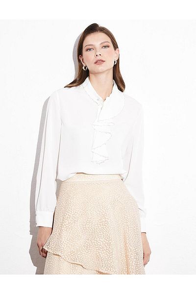 Kayra Embroidered Tunic with Flywheel Detail on Collar Ecru